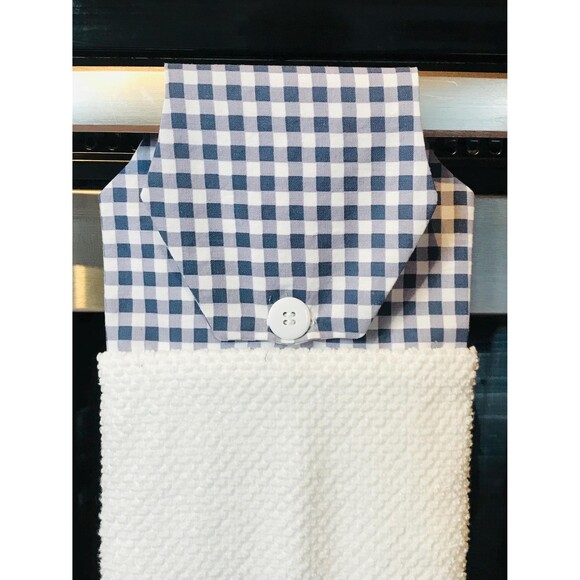 Hanging Kitchen Tea Towel, Button Closure, Cotton Dish Towel, Blue Gingham - Picture 7 of 7
